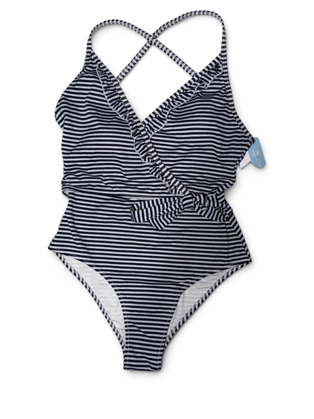 CUPSHE Navy & White Striped Ruffle One-Piece Swimsuit – Size XS, NWT